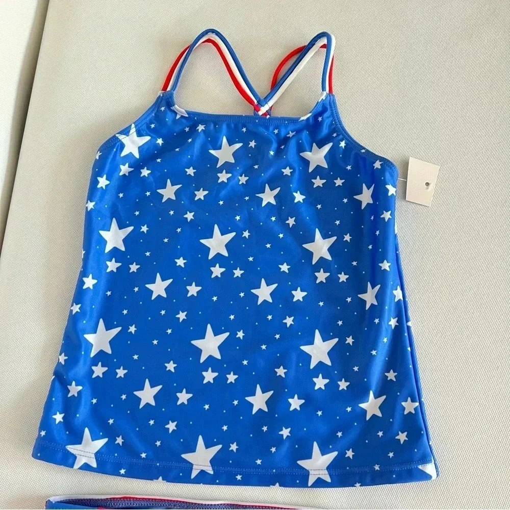 Swimsuit Two Piece Set Flag Print Lined Blue White Stars Size Girls 14 UPF 40+ - Picture 2 of 8